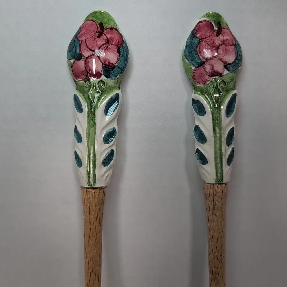 Assisi Serving Spoon & Form Wooden Ceramic HAndle Blue Sunflower Floral Folk Art